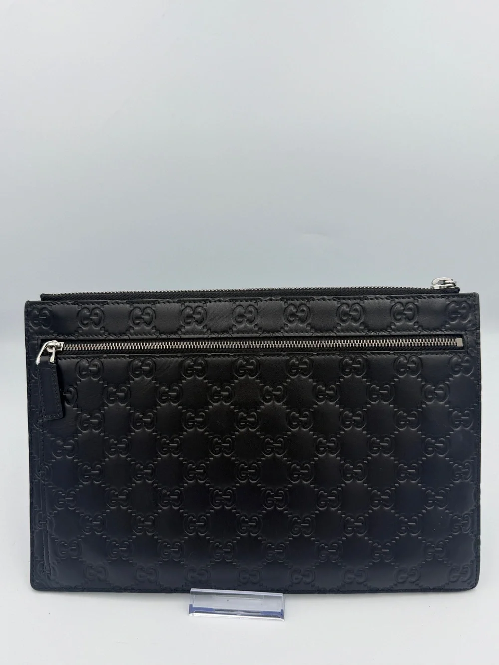 Gucci Black Signature Guccissima Leather Zippered Clutch Pouch